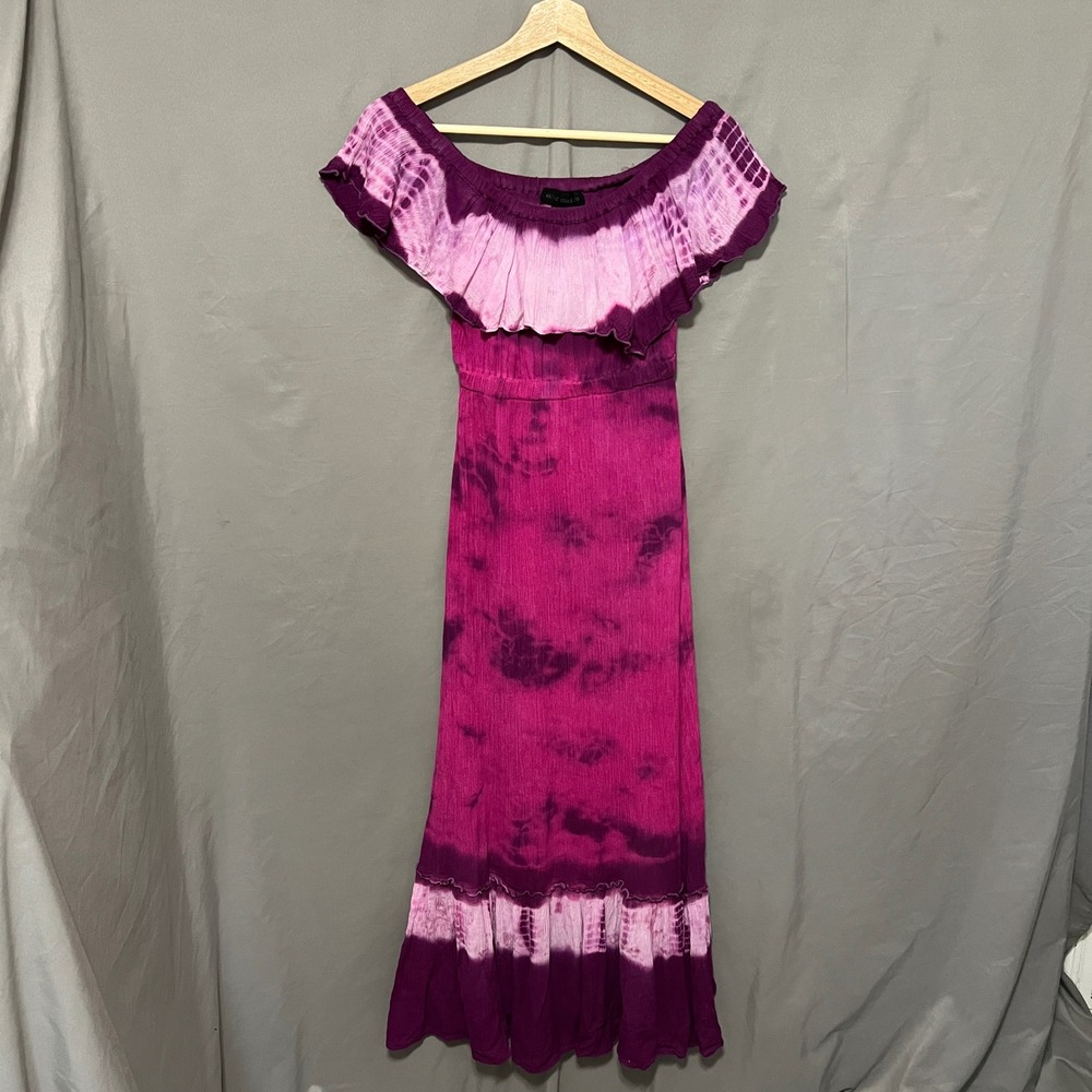 Steve Madden Purple Tie Dye Maxi Dress Off Shoulder Ombre Ruffle Size Small - Picture 4 of 7